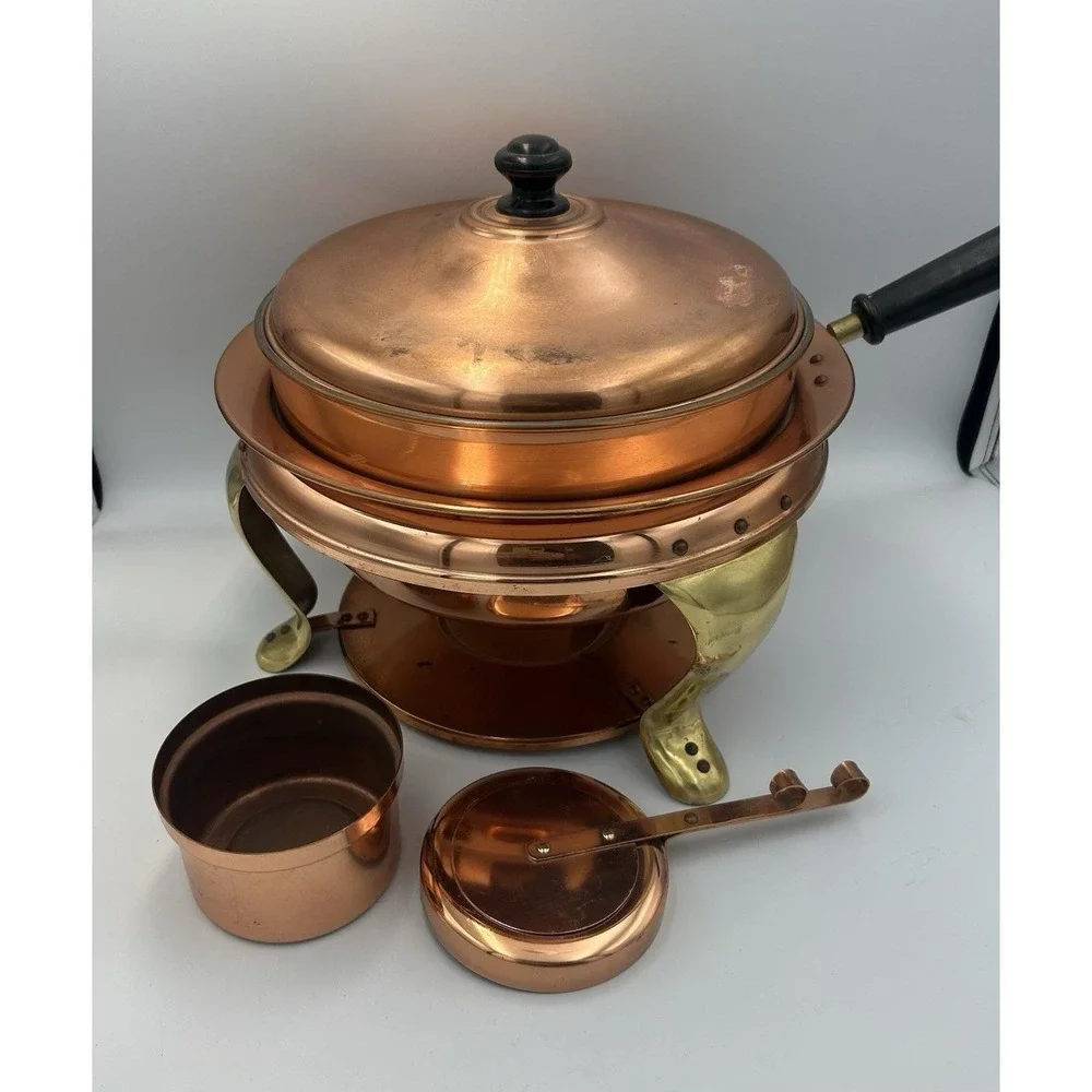 VTG Copper & Brass Patina Classic Chafing Dish Double Pan Food Warmer Stand